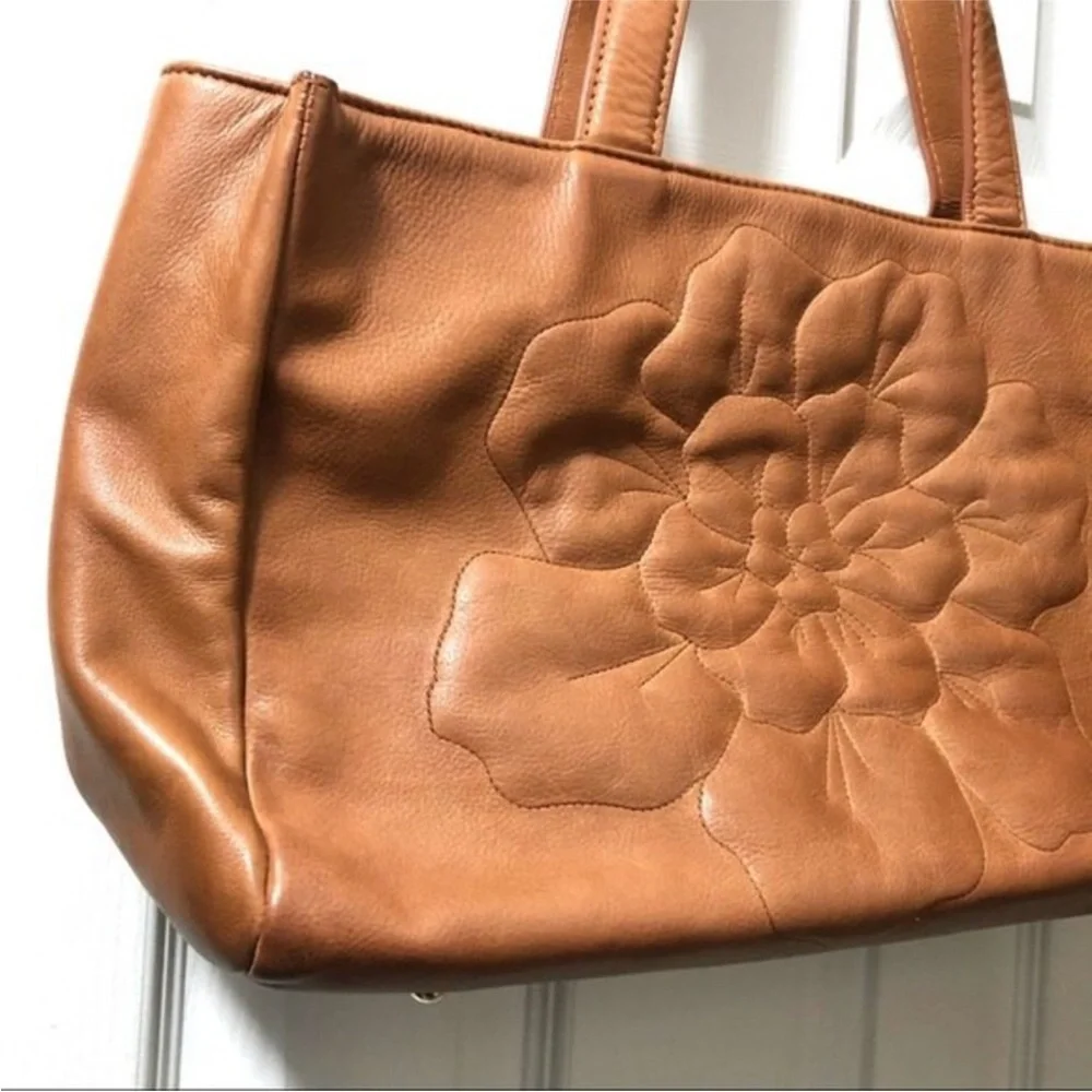 Anne Fontaine Signature Embossed Flower Leather Tote shoulder Bag.